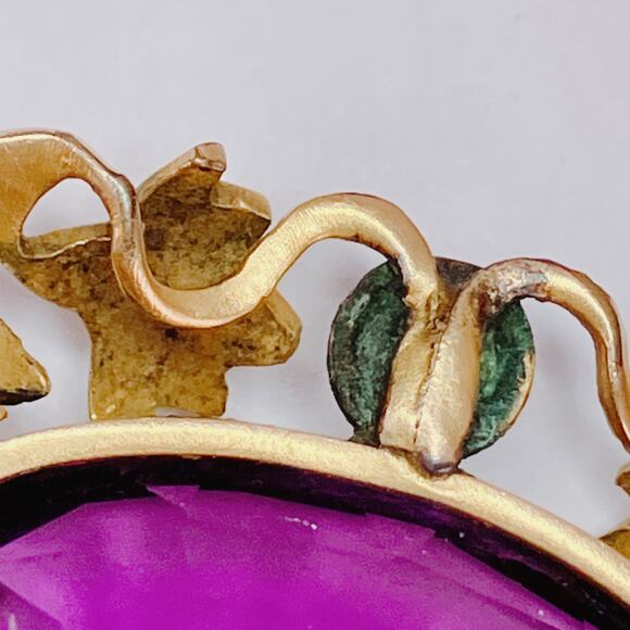 Antique Art Nouveau Gold Tone Ivy Vine Brooch Purple Glass Edwardian 1900s Pin - Picture 14 of 14